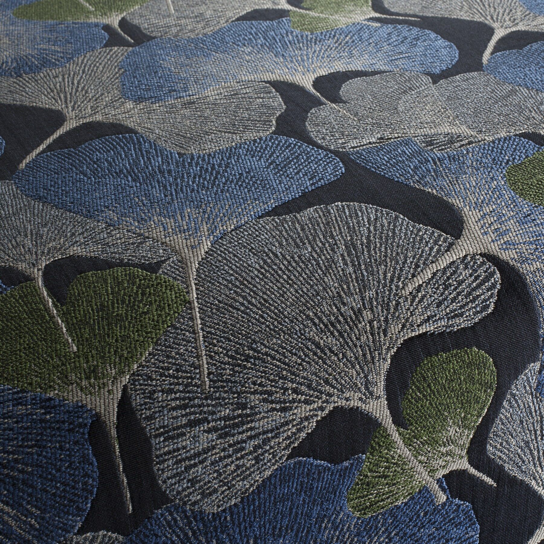 Ja2055 050 Ginkgo Jab In Und Outdoorstoff Floral Gemustert Gruen Blau Grau Schwarz