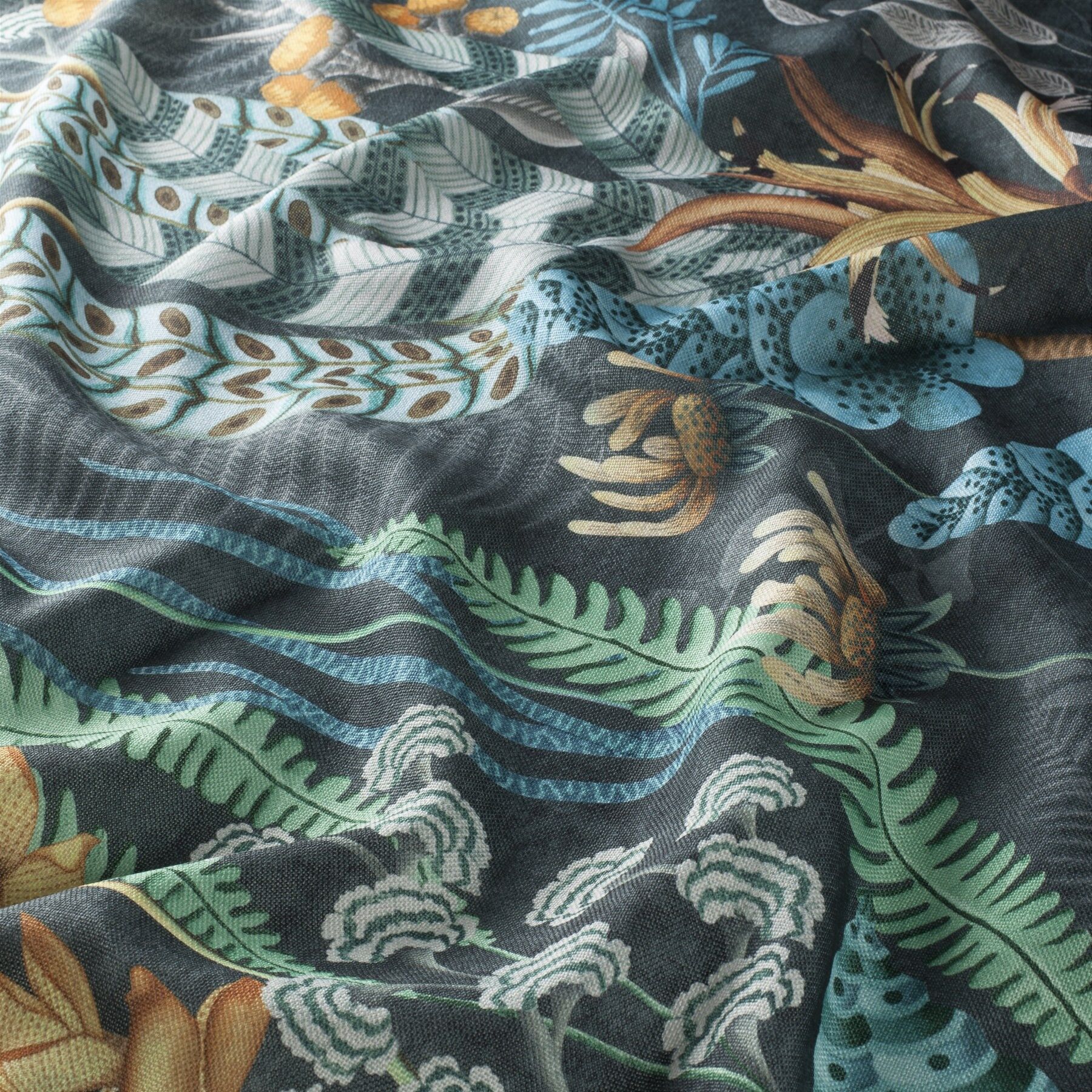 Ch3247 030 Ritual Spirit Jab Vorhangstoff Meterware Gemustert Gruen Blau