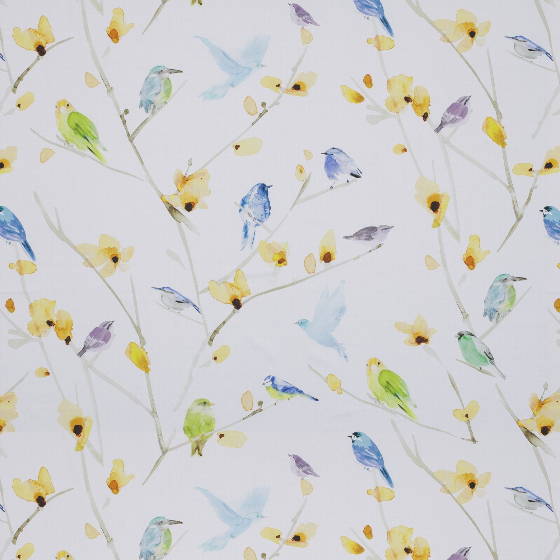 1 8816 040 Birds Jab Vorhangstoff Meterware Mit Blumenmuster Weiss Blau Gelb 1