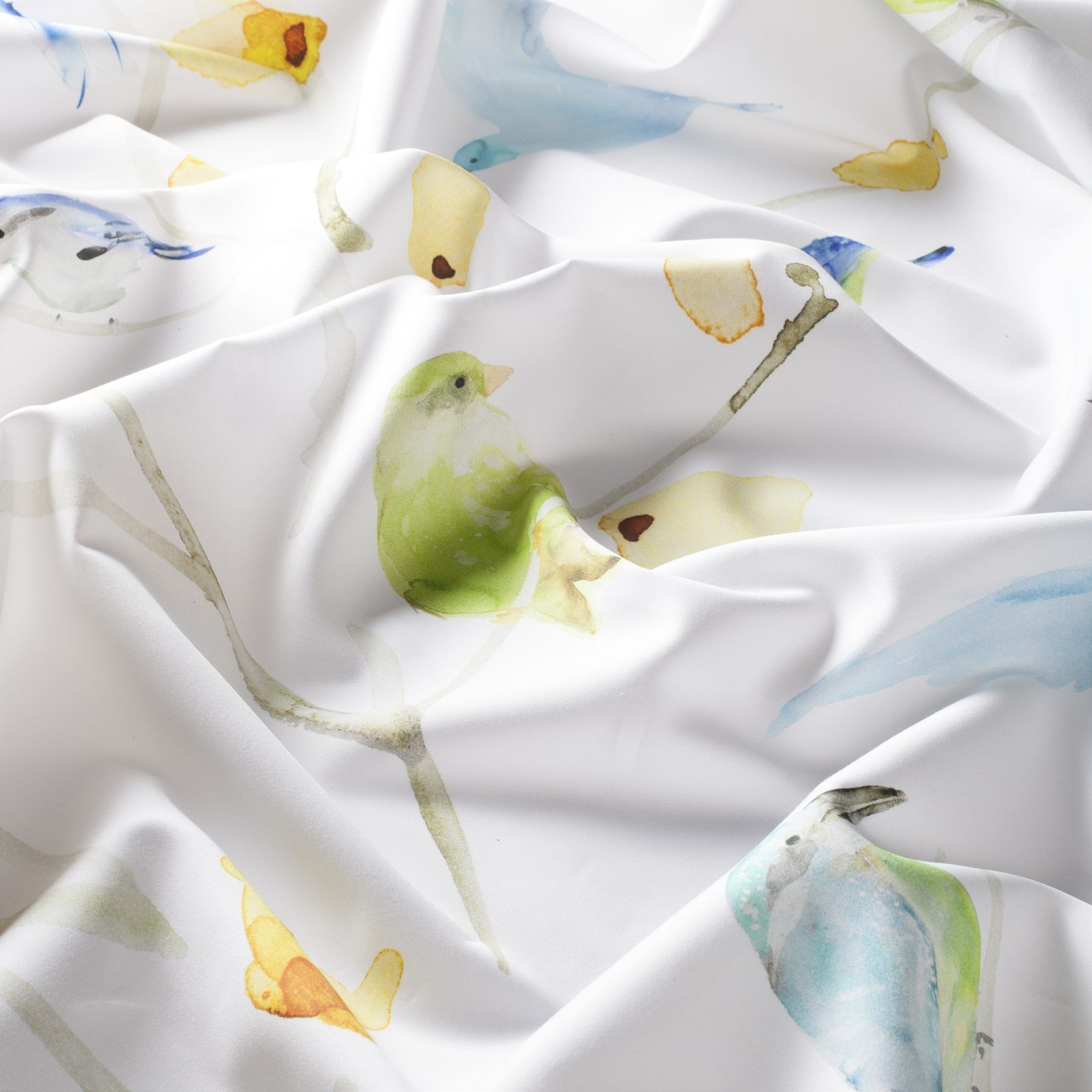 1 8816 040 Birds Jab Vorhangstoff Meterware Mit Blumenmuster Weiss Blau Gelb
