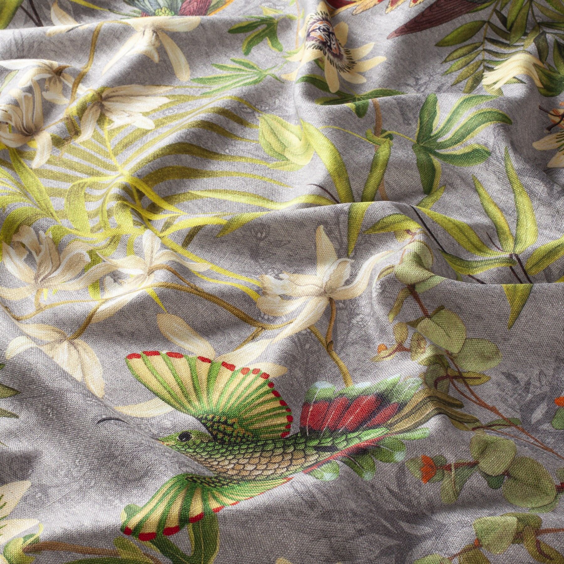 Ch3042 040 Fantastic Birds Jab Vorhangstoff Meterware Mit Blumenmuster Gruen Grau